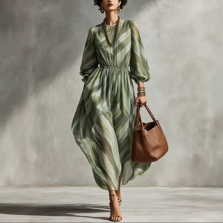 Twill Print Lantern Sleeve Maxi Dress Waist-Cinched Women's Vacation Dress