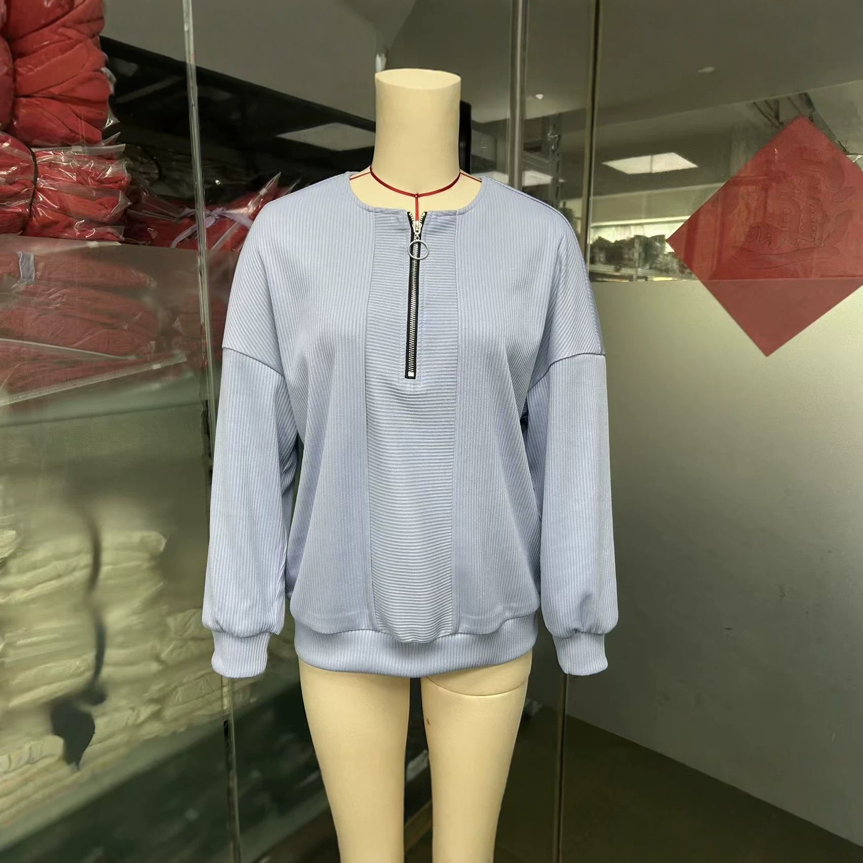 Snake-Textured Half-Zip Crewneck Loose Long-Sleeve Top for Women