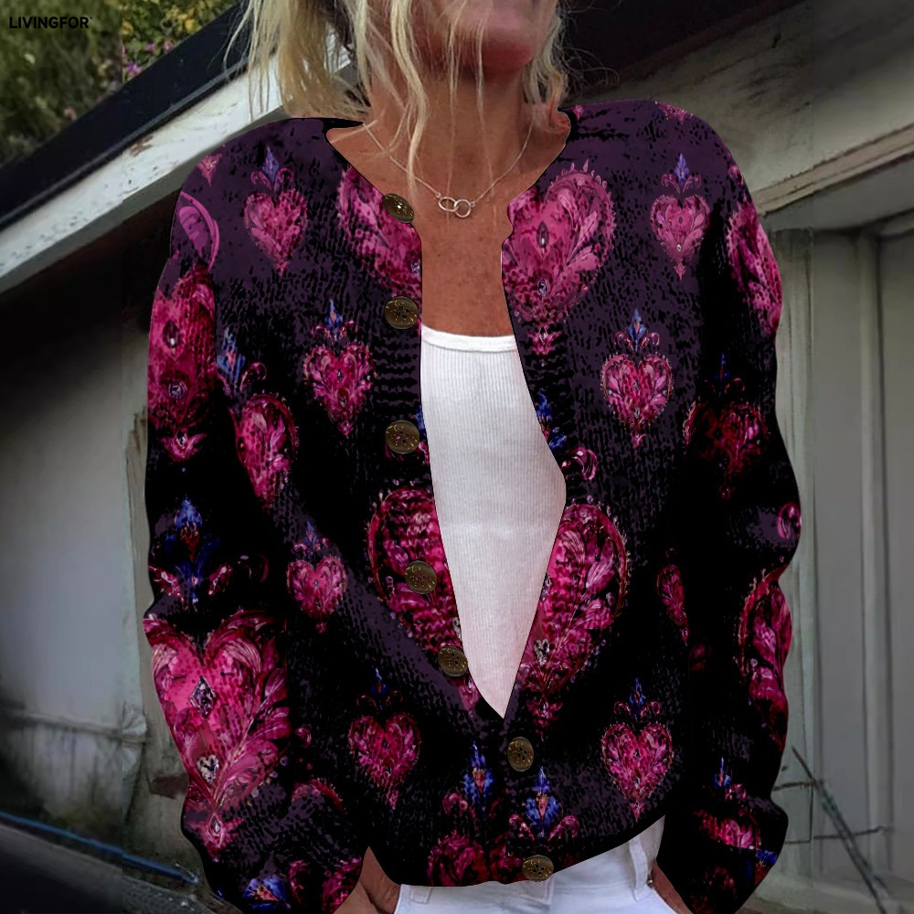 Women's Heart & Flower Print Button Cardigan Sweater