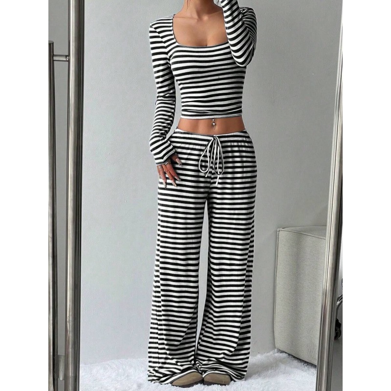 Striped High-Waist Wide-Leg Pants Set for Women