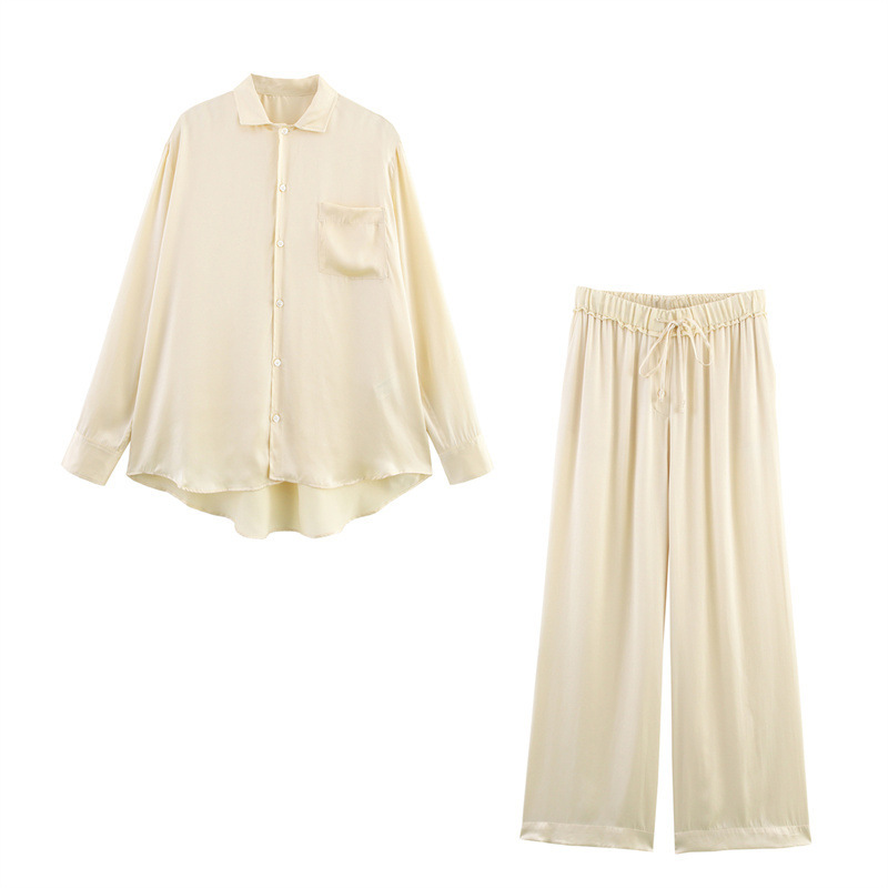 Satin Shirt and Pants Set with Pocket Detail