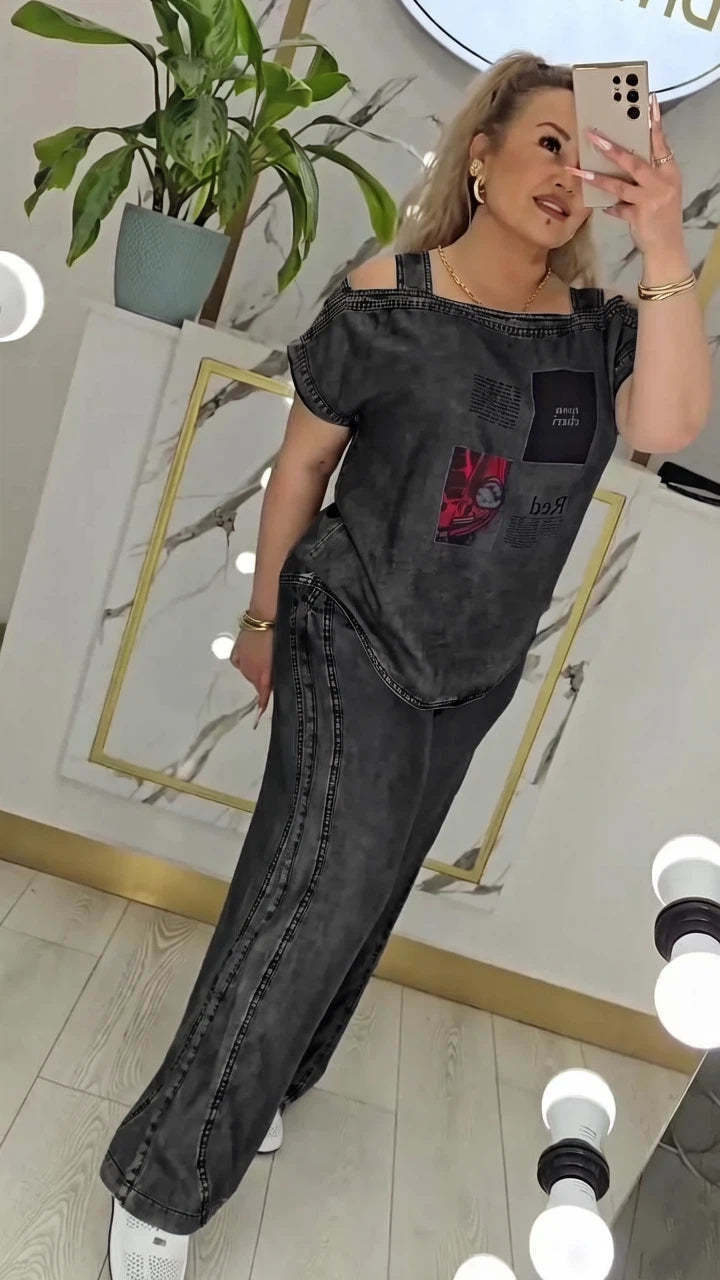 Women's Off-Shoulder Short-Sleeve Top & Wide-Leg Pants Set with Vintage Print