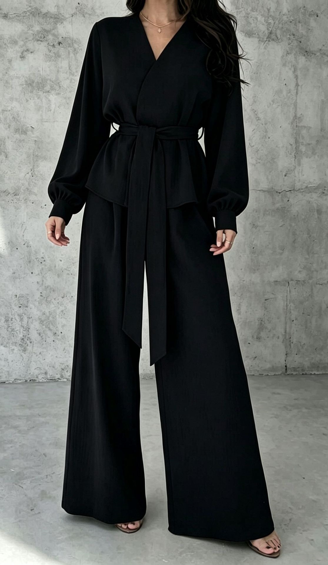 V-Neck Tie-Front Long-Sleeve Wide-Leg Two-Piece Set