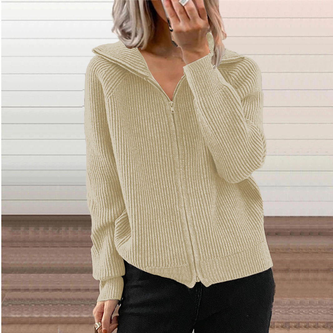 Striped Zip-Up Knit Cardigan Long Sleeve Collared Loose Fit