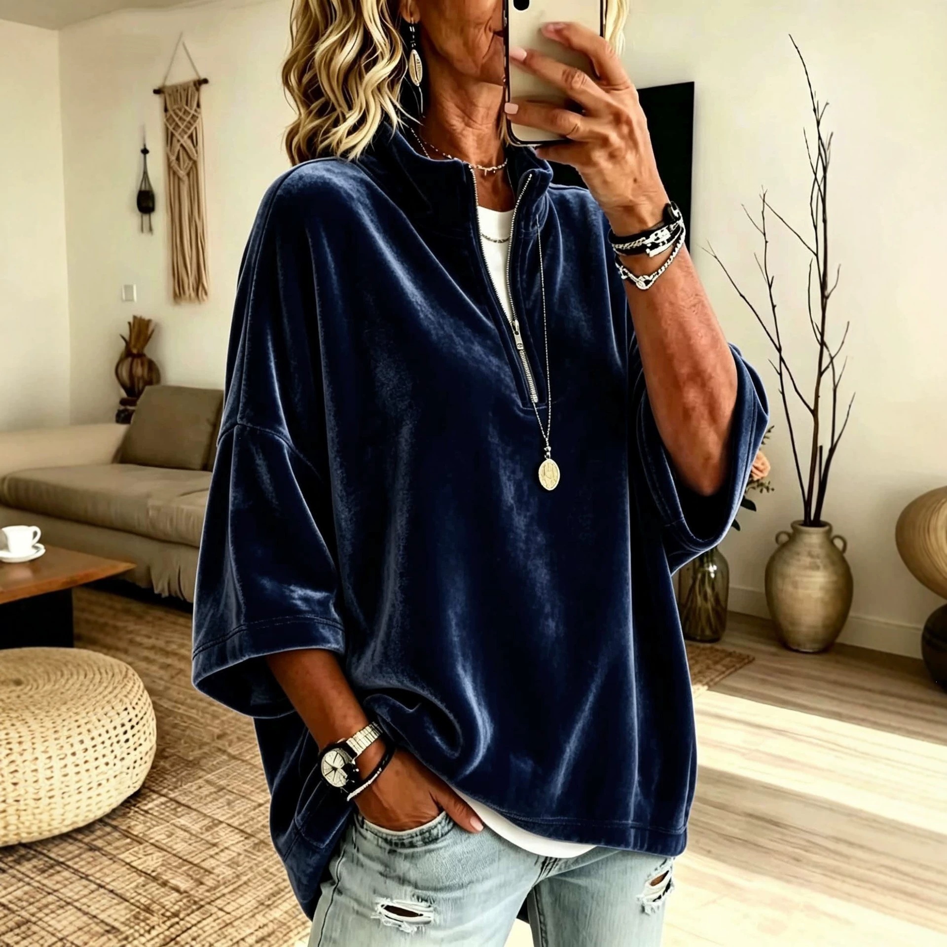 Women's Velvet V-Neck Zip Pullover Top Loose Fit Lightweight