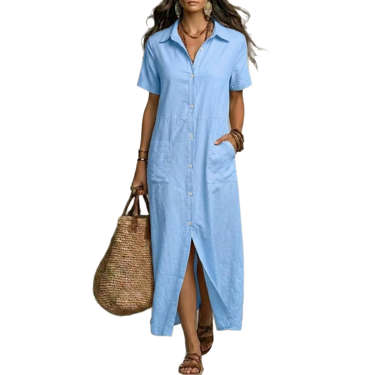 Women's Button-Front Short-Sleeve Casual Dress with Pockets