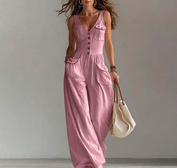 Women's Solid Color Button Pocket Loose Wide-Leg Overalls Jumpsuit