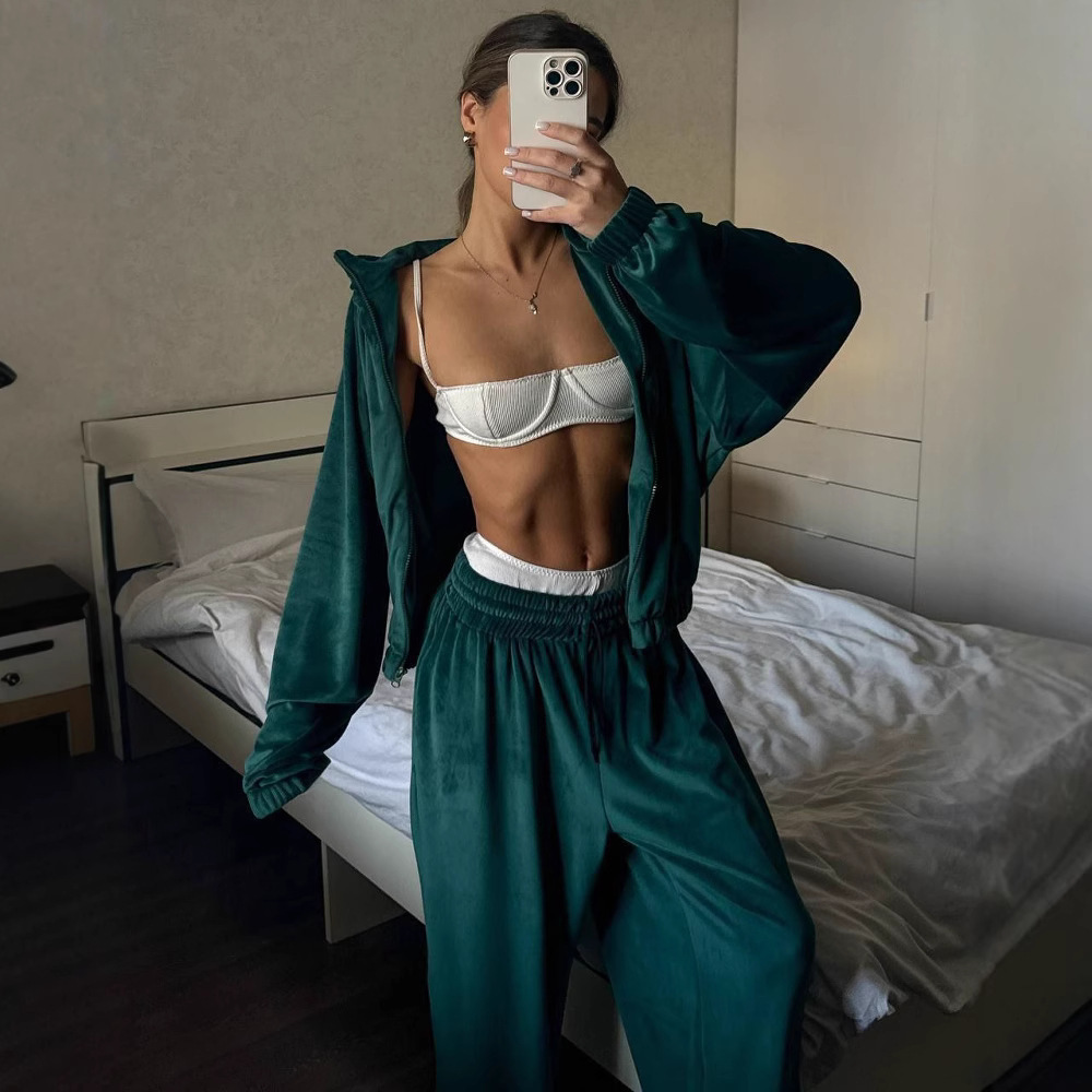 Women's Solid Color Zip-Up Cardigan and Pants Two-Piece Set