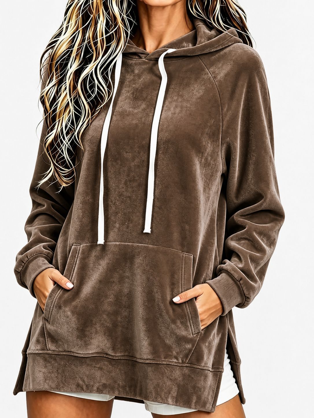 Women's Velvet Hooded Loose Mid-Length Pocket Sweatshirt