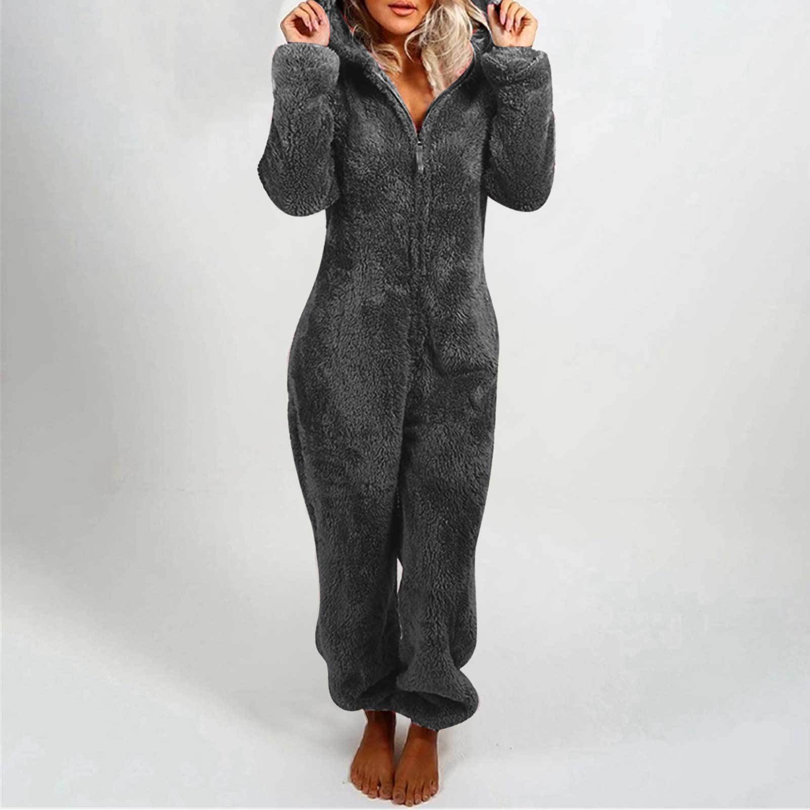 Women's Fleece-Lined Hooded Onesie Pajama Jumpsuit