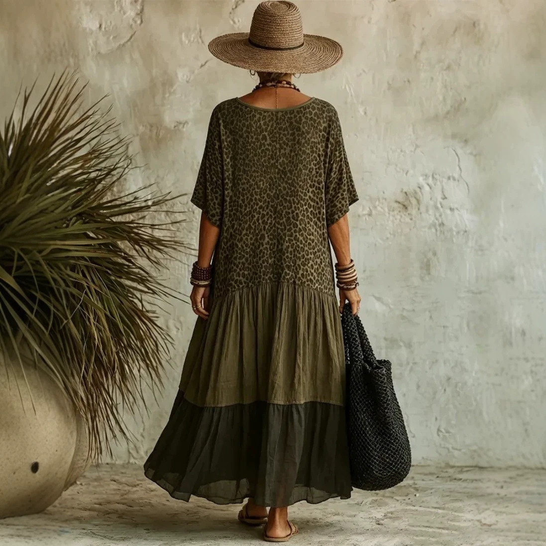 Leopard Print V-Neck Batwing Sleeve Color Block Boho Casual Dress