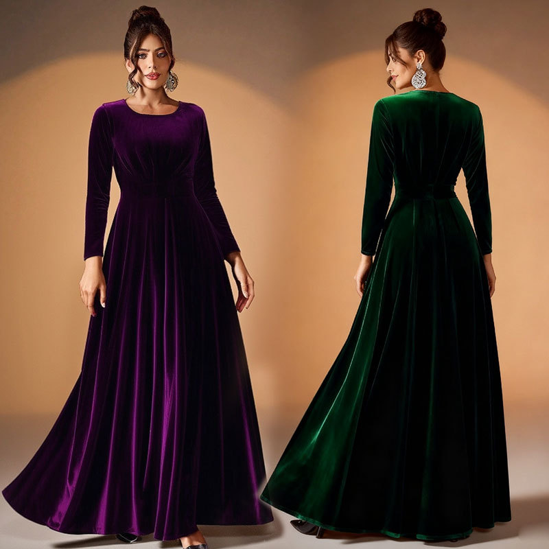 Women's Plus Size Velvet Long Sleeve Ruched A-Line Midi Evening Dress