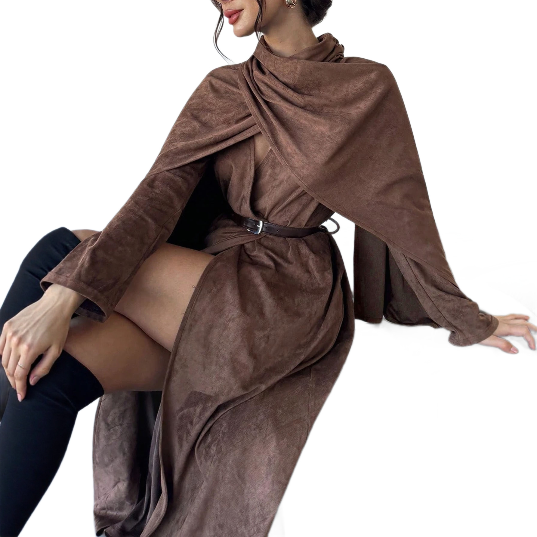 Solid Color Waist-Cinched Midi Dress with Batwing Sleeves