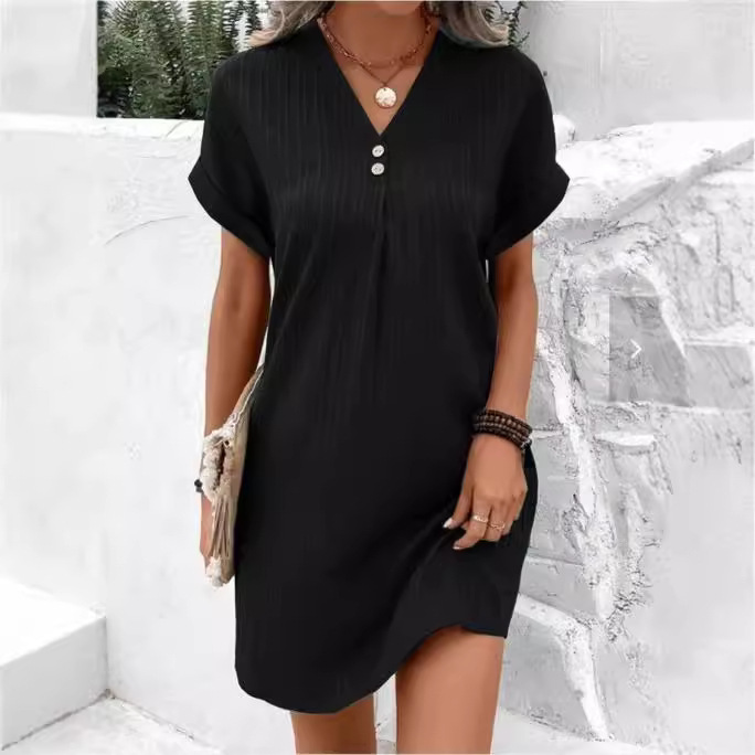 Women's V-Neck Solid Color Pullover Dress with Buttons