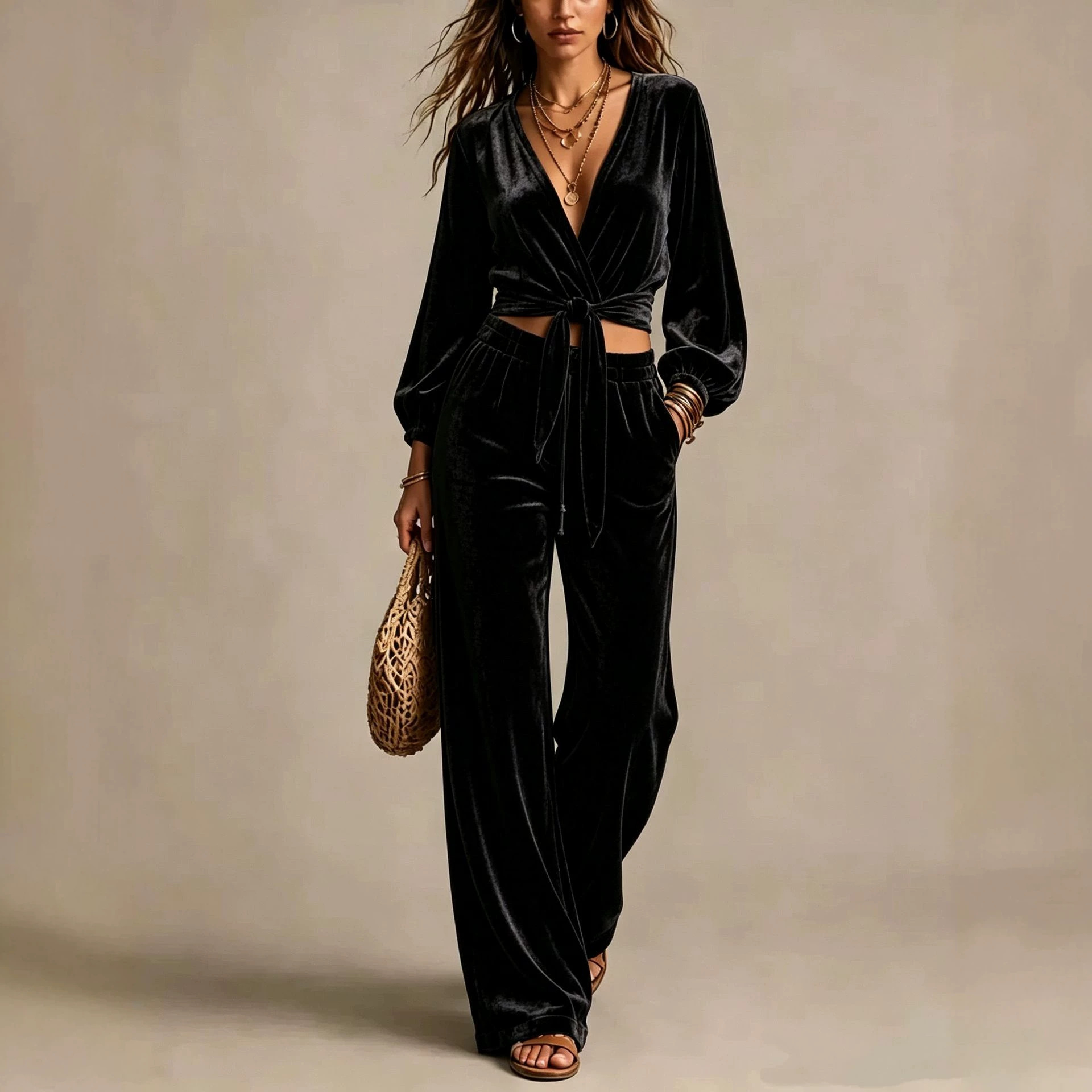 Corduroy V-Neck Cinched Waist Two-Piece Pants Set