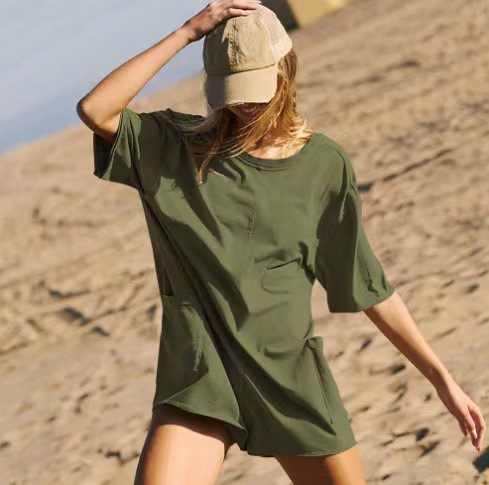 Women's Short Sleeve Open Back V-Neck Loose Casual Pocket Jumpsuit