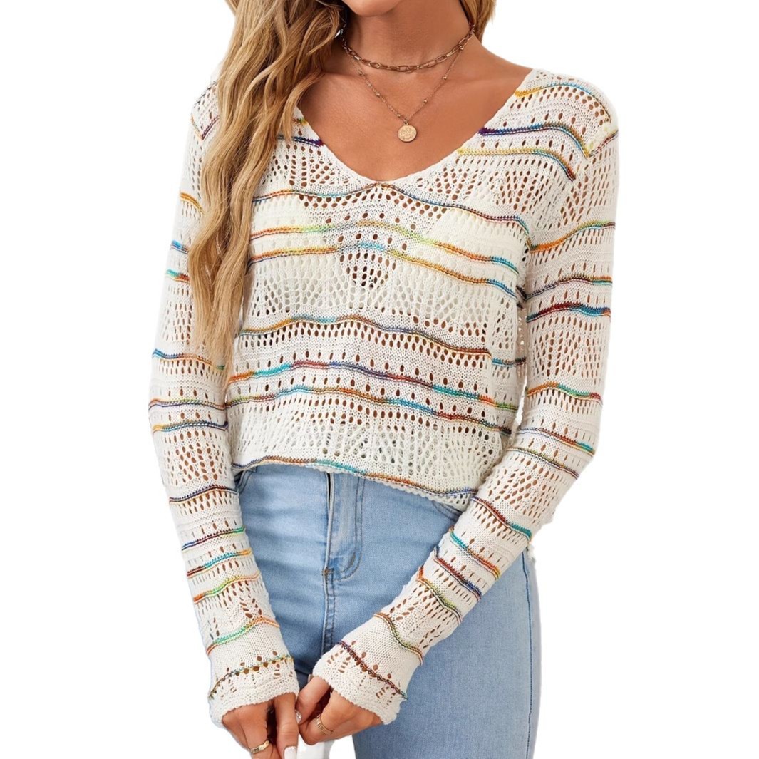 Striped V-Neck Knit Sweater for Women, Loose Casual Pullover