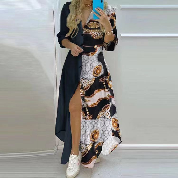 Women's Printed V-Neck Long Sleeve High Waist Irregular Hem Single-Breasted Dress