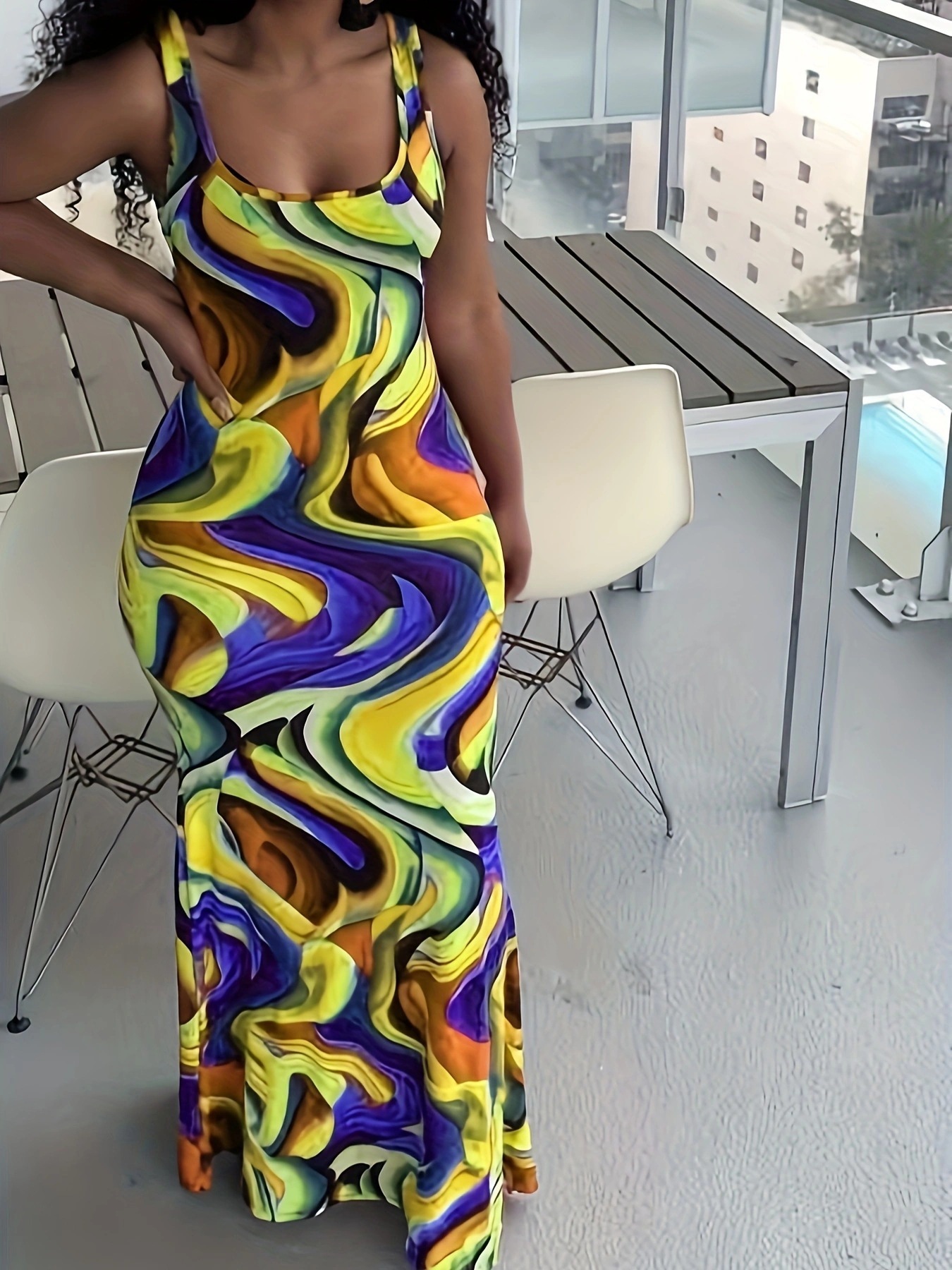 Women's Colorful Wave Print Bodycon Maxi Dress with Deep U-Neck