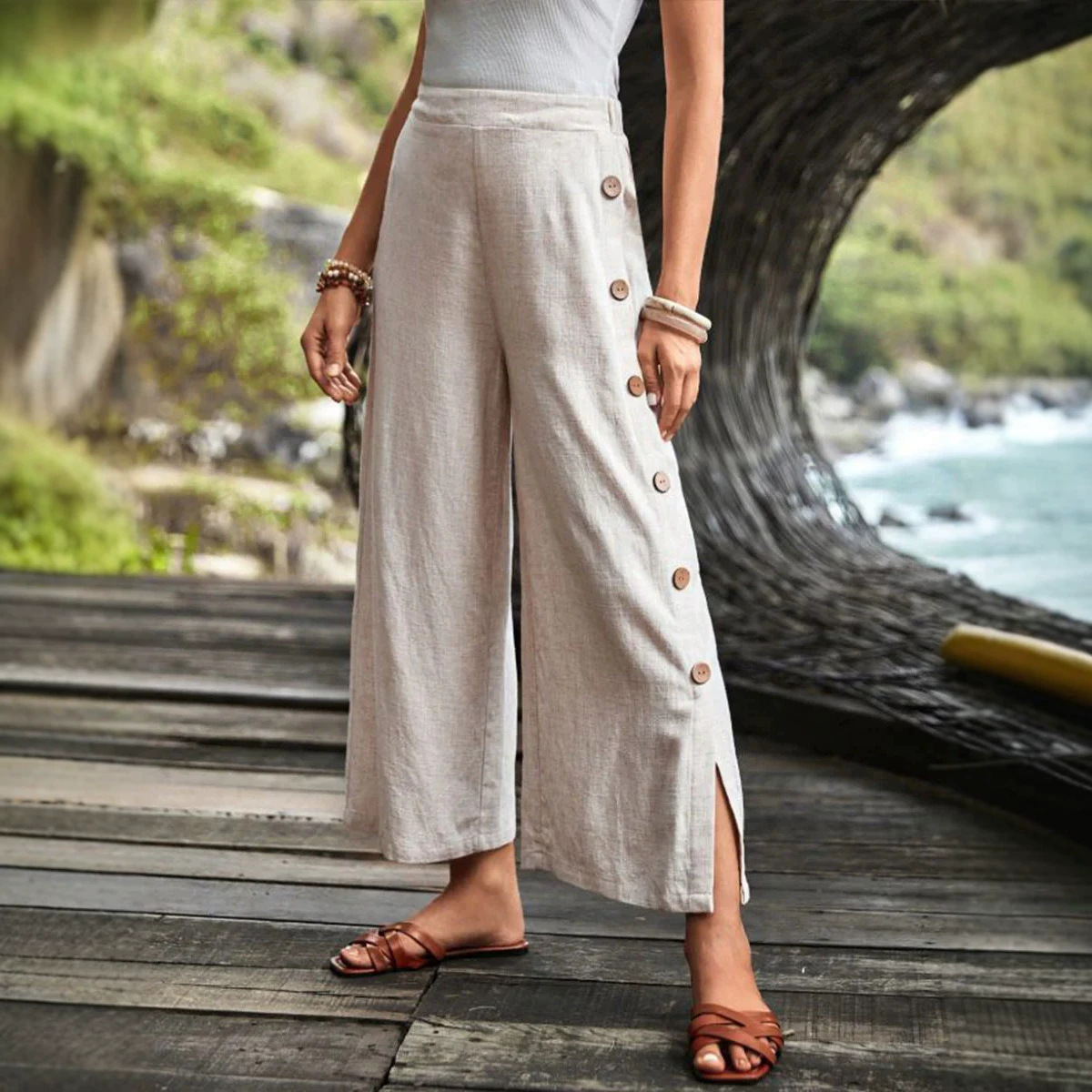 Cotton-Linen Wide-Leg Split Hem Pants