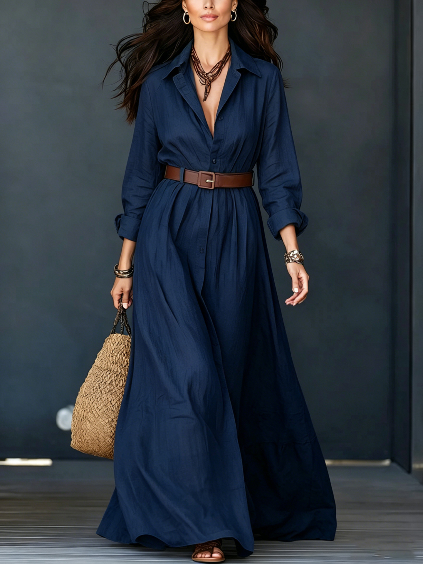 Cotton-Linen Shirt Dress with Collar, Long Sleeves, Belted Waist, Floor-Length