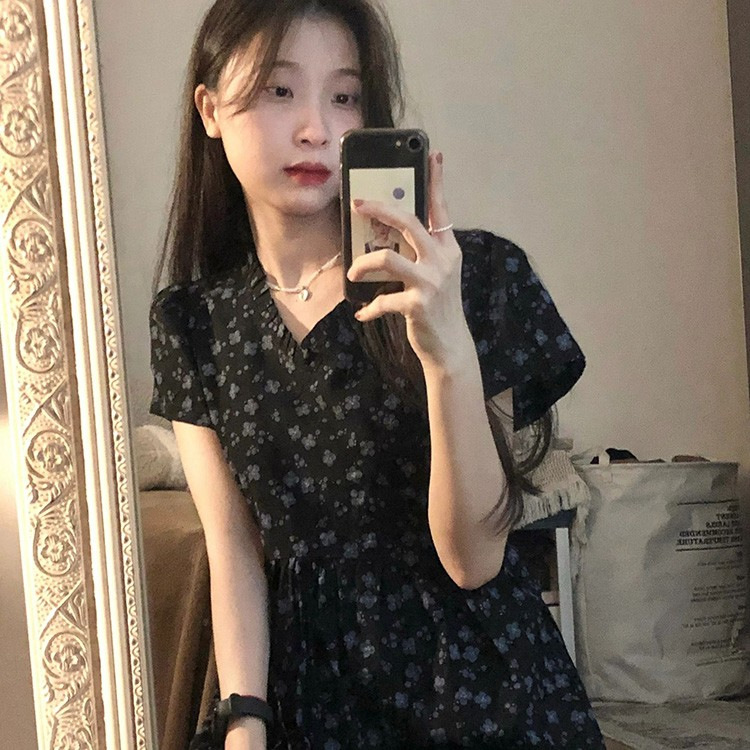 Black Floral V-Neck Bubble Sleeve A-Line Short Dress