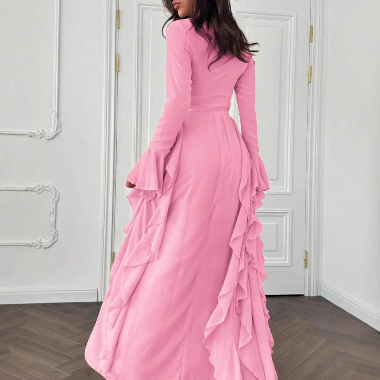 Elegant High-Waist Solid Bell-Sleeve Long Dress