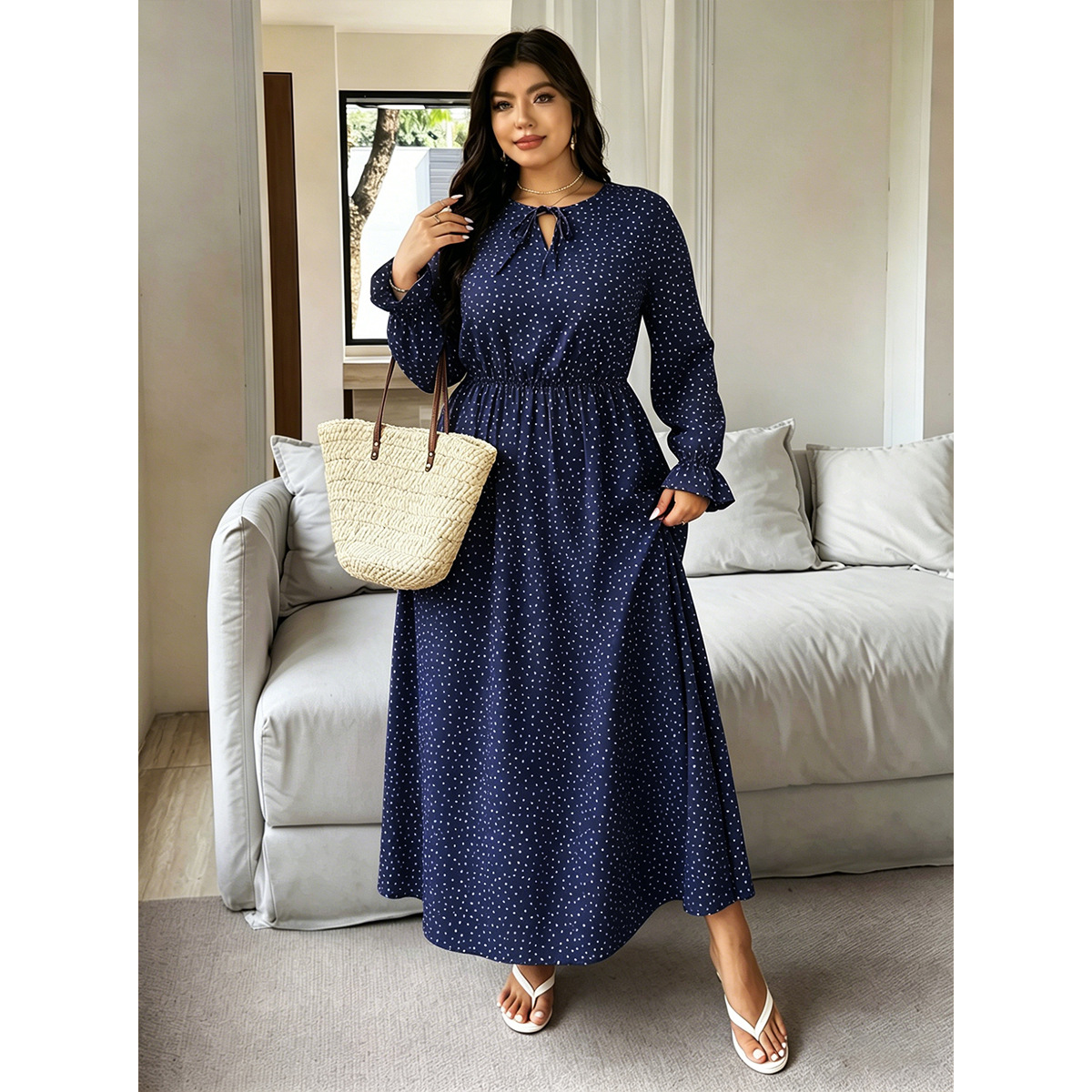 Plus Size Polka Dot V-Neck Tie-Waist Long Sleeve Maxi Dress