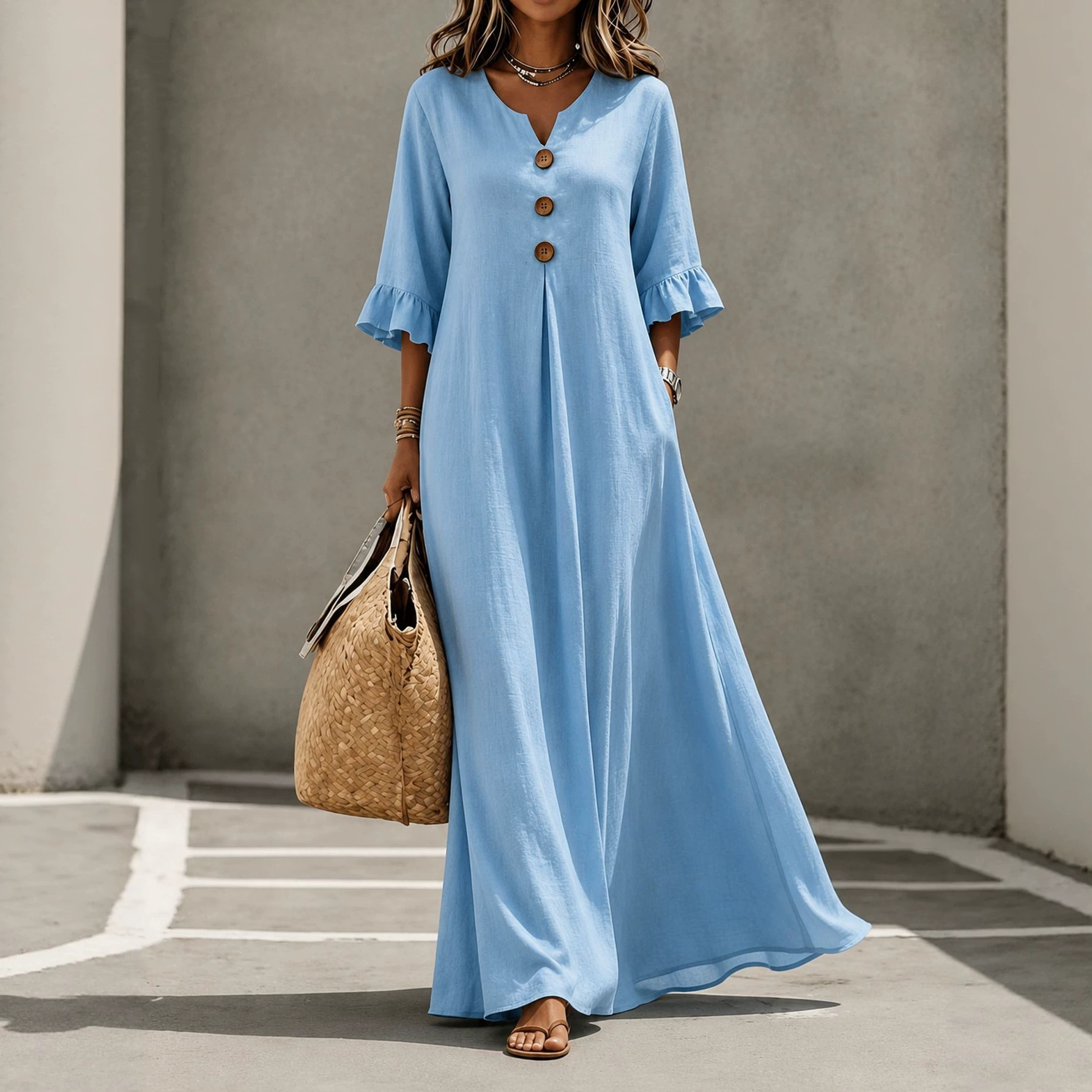 Women's Solid V-Neck Wood Button Ruffle Sleeve Pocket Dress