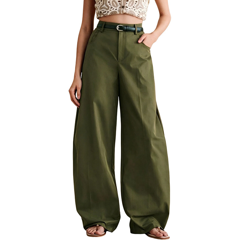 Women's Solid Curved Wide-Leg Pants Loose Straight Casual Trousers