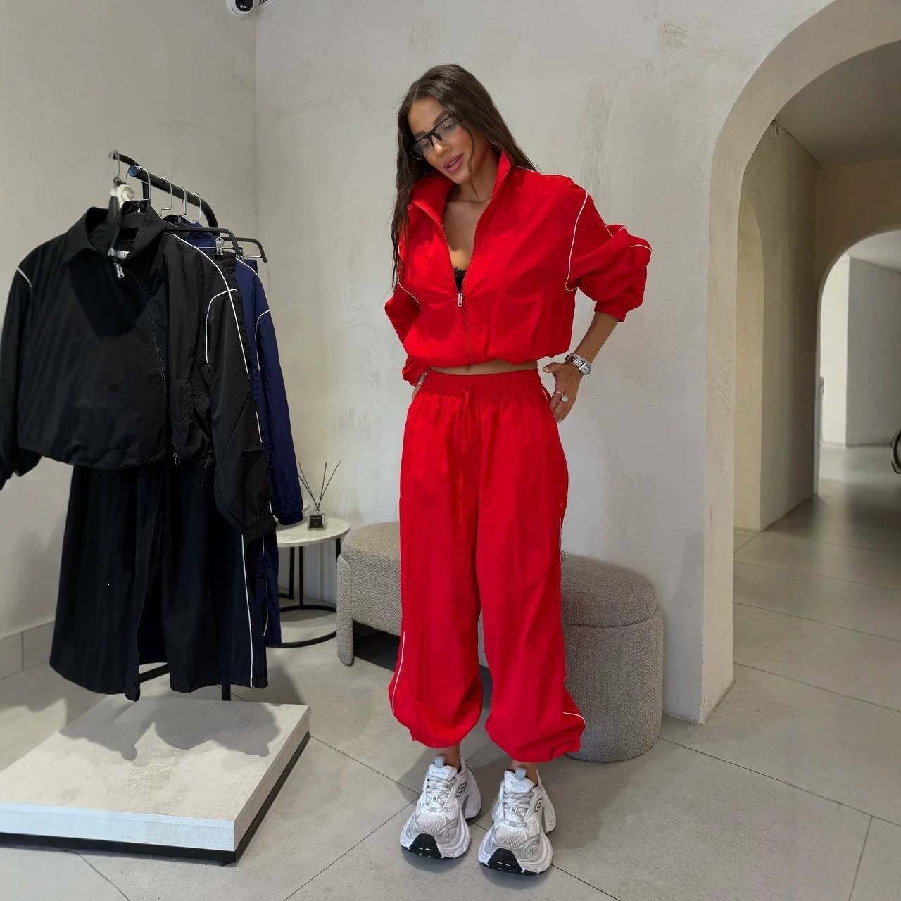 Colorblock Zip-Up Cropped Jacket and Jogger Pants Set