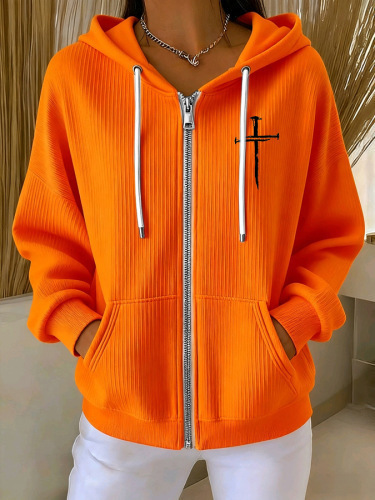 Women's Cross Print Ribbed Hoodie Long Sleeve Crew Neck Zip Up