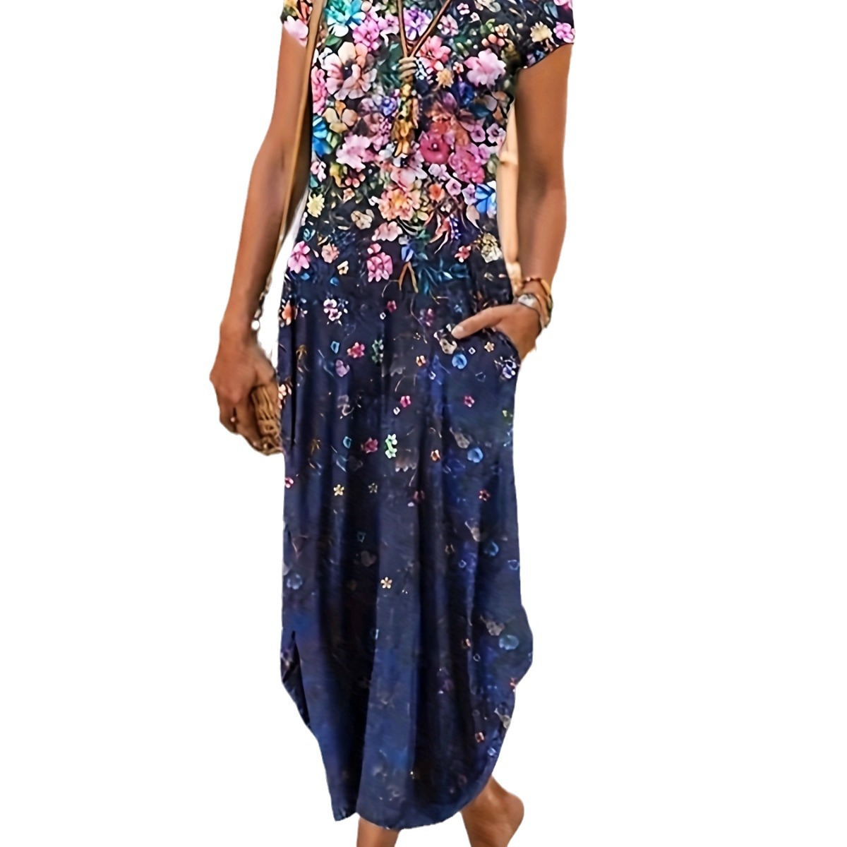 Floral Print Pocket Midi Dress Casual Short Sleeve A-Line