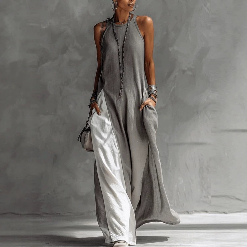 Women's Sleeveless Loose Pocket Colorblock Off-Shoulder Casual Dress