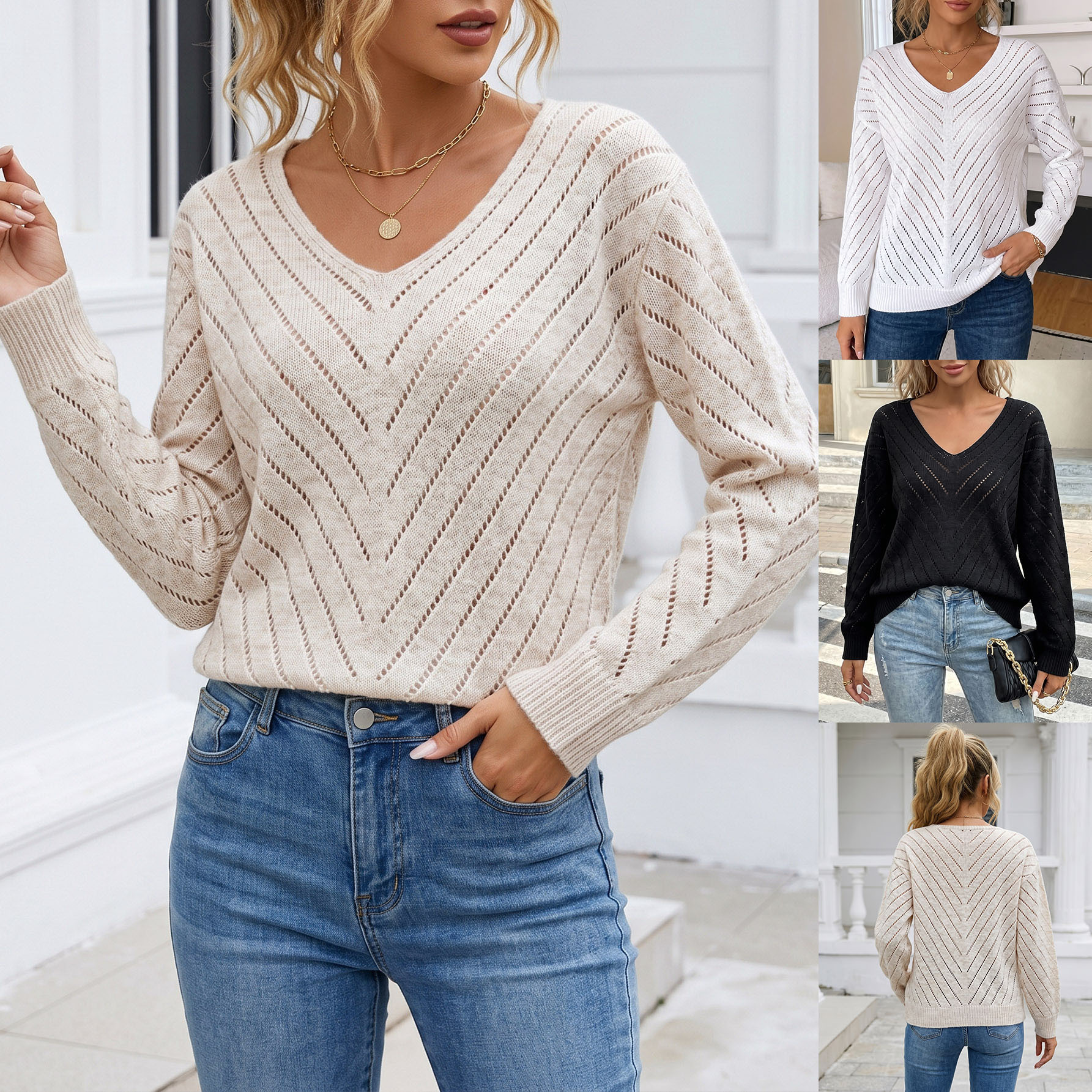 V-Neck Openwork Knit Sweater Women's Loose Long Sleeve Pullover
