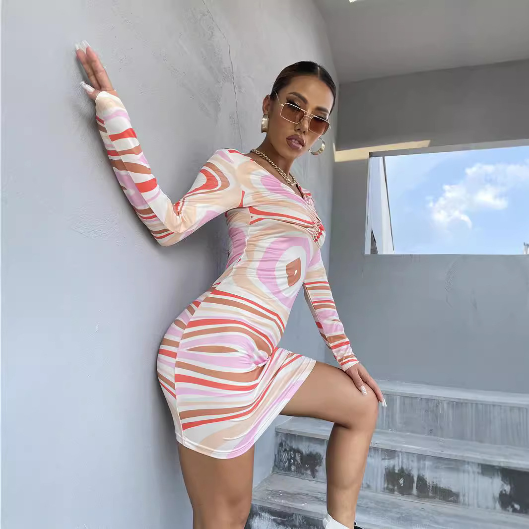 Women's Zebra Print V-Neck Long Sleeve Short Dress