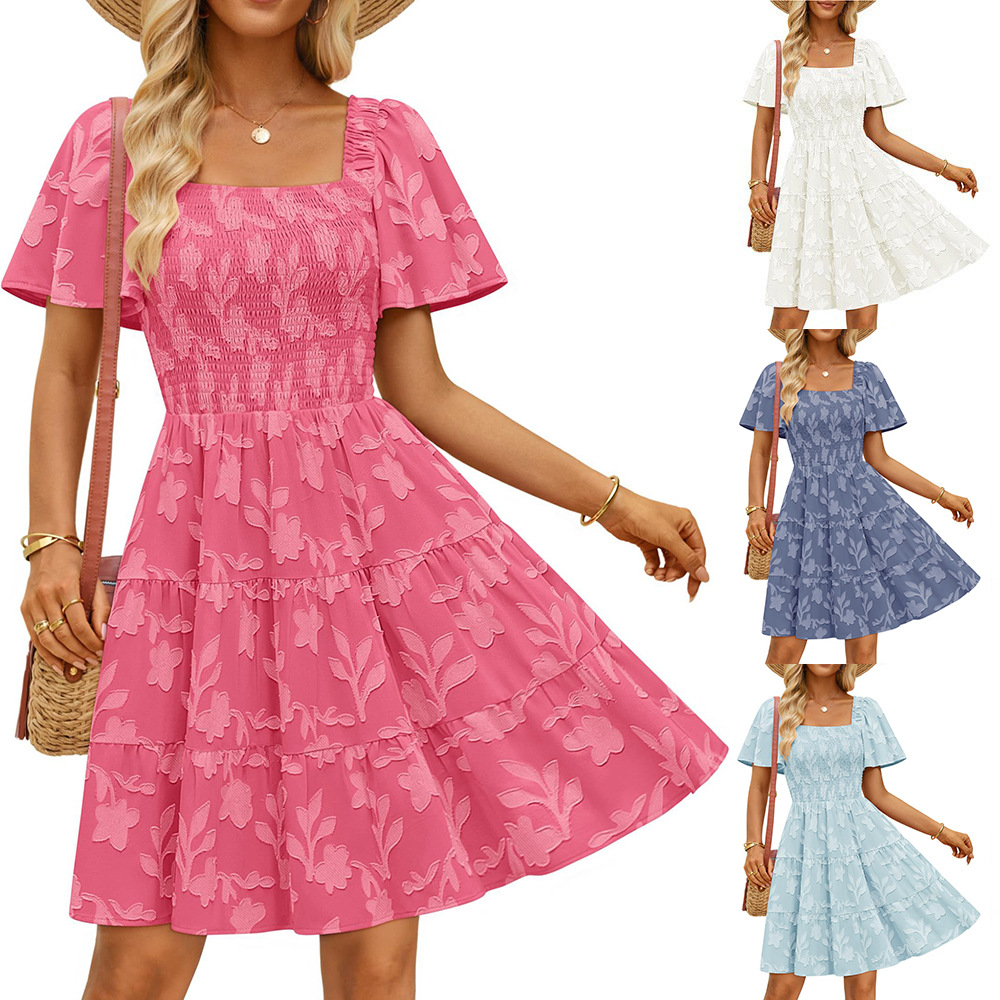 Women's Short Sleeve Square Neck Floral Chiffon Midi Dress