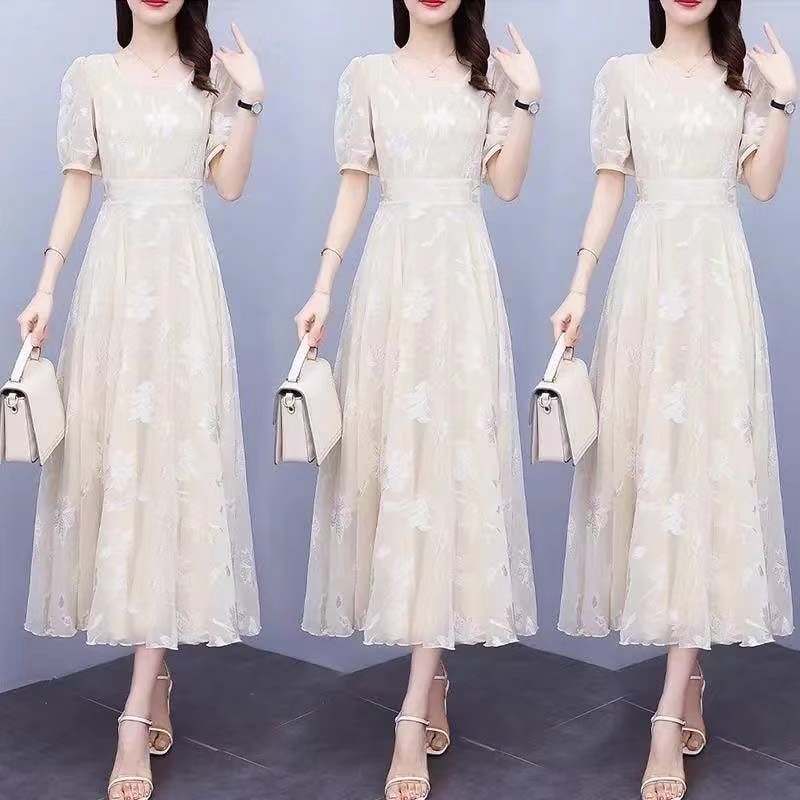 Women's Floral A-Line Midi Dress Short Sleeve Round Neck