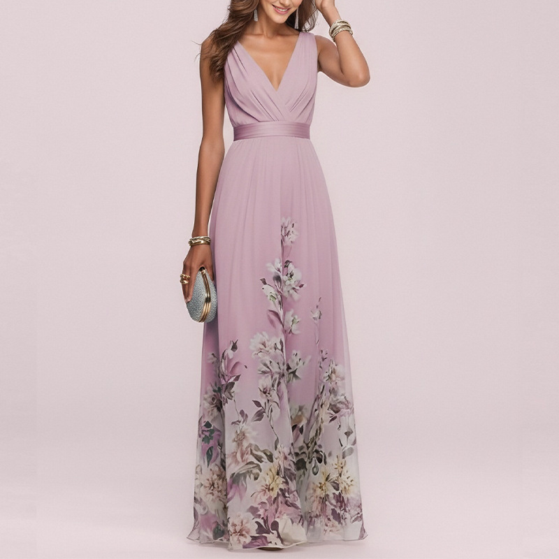 Women's Botanical Print V-Neck Sleeveless A-Line Maxi Dress