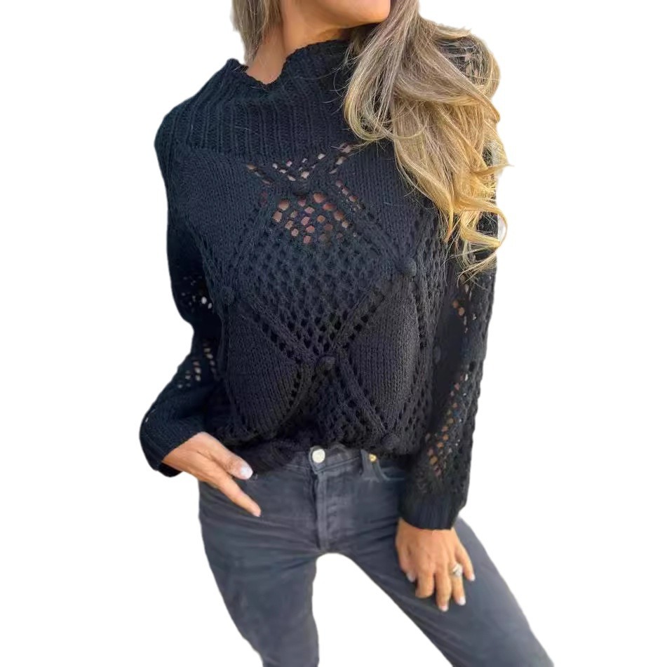 Women's Casual Loose Hollow-Out Crewneck Knit Sweater