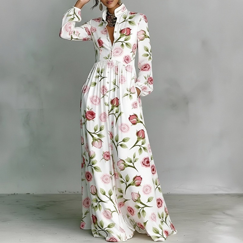 French Style Printed Long Dress with Collar, Loose Casual Vacation Dress