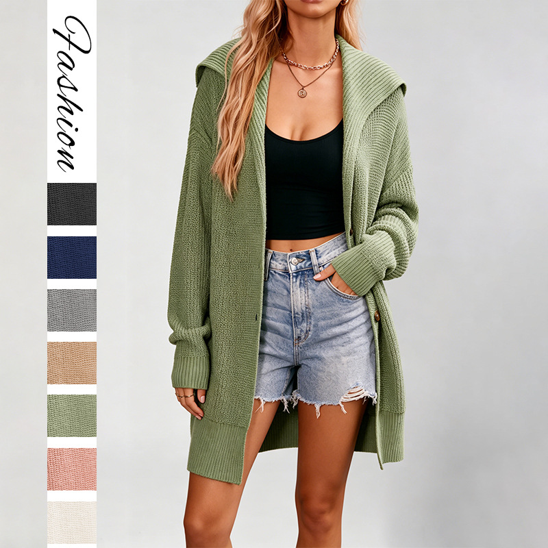 Women's Solid Color Collared Button-Front Midi Cardigan Sweater