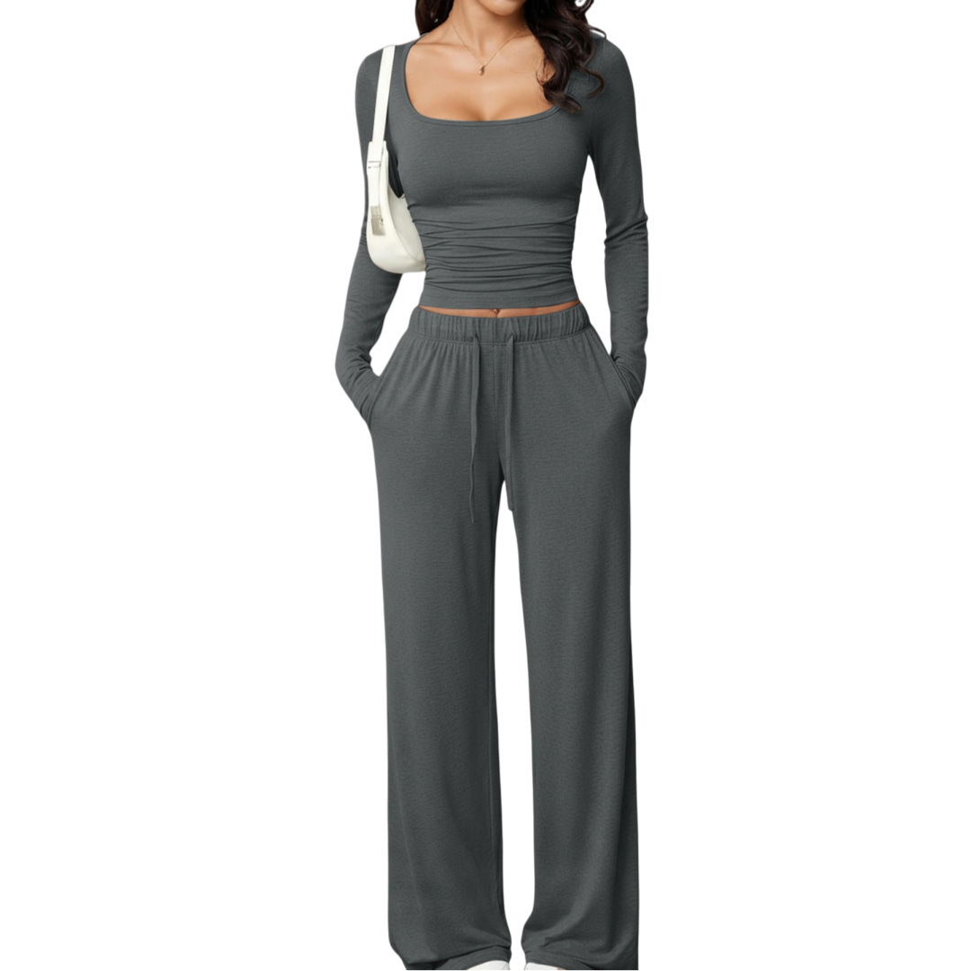 Women's Long Sleeve Drawstring Top & Wide-Leg Pants Two-Piece Set