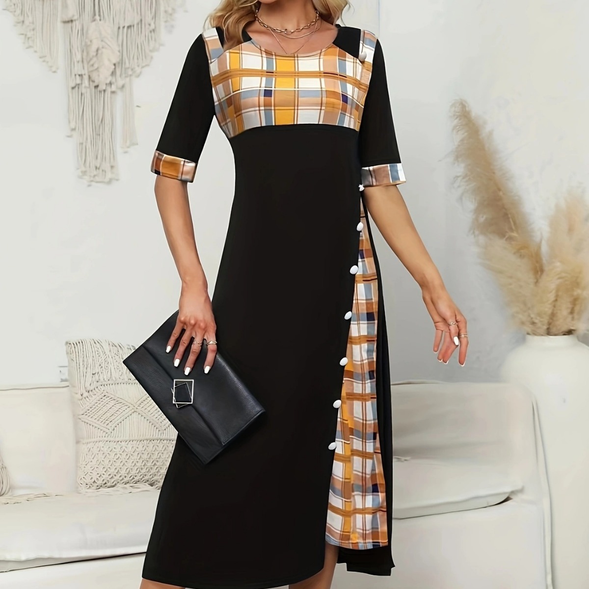Irregular Plaid Patchwork Round Neck Half Sleeve Long Dress