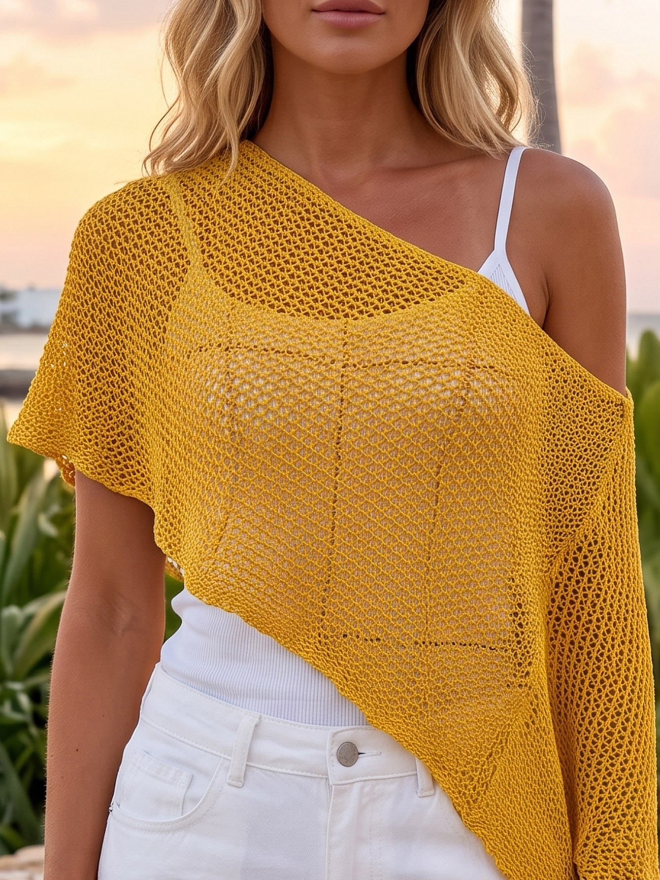 Open-Knit Triangle Scarf Top – Convertible Sheer Cover-Up for Beach & Resort