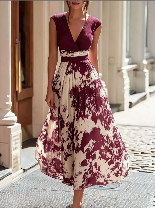 Sleeveless V-Neck Blue and White Porcelain Print Midi Dress