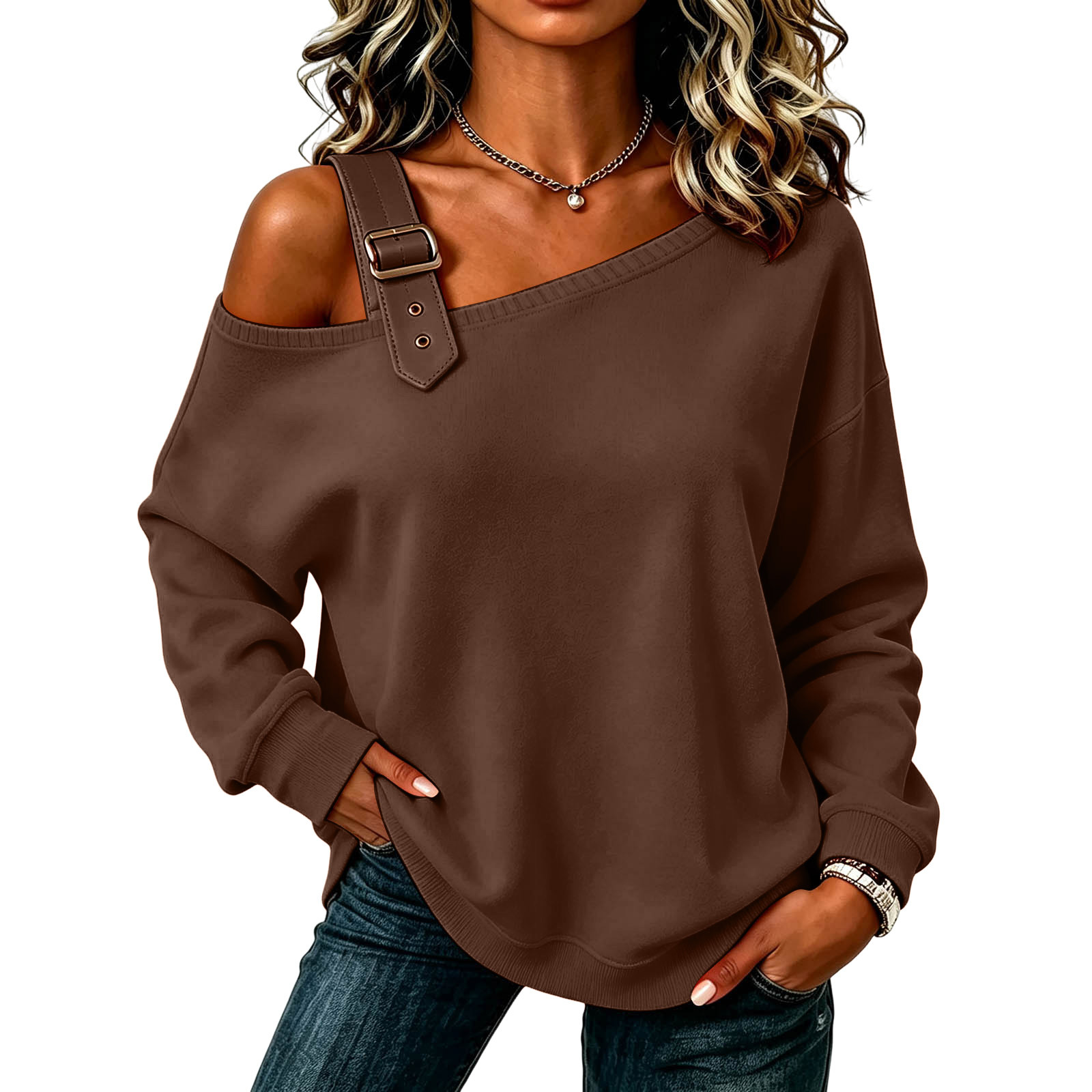 Solid Color Long Sleeve Off-Shoulder Button Hoodie