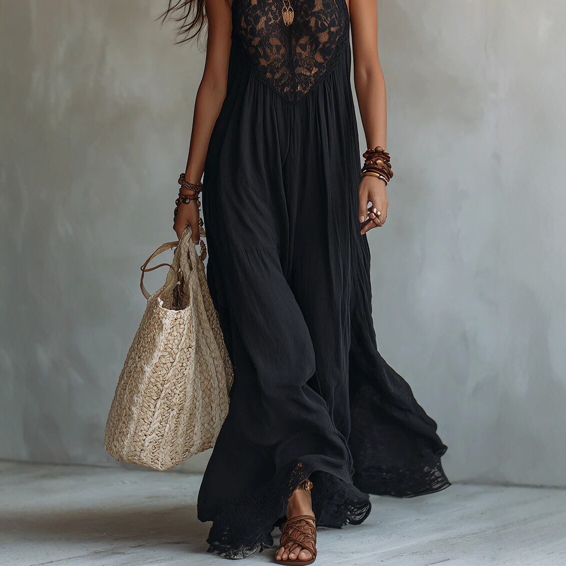 Black Lace Panel Halter Maxi Dress Loose Vacation Dress