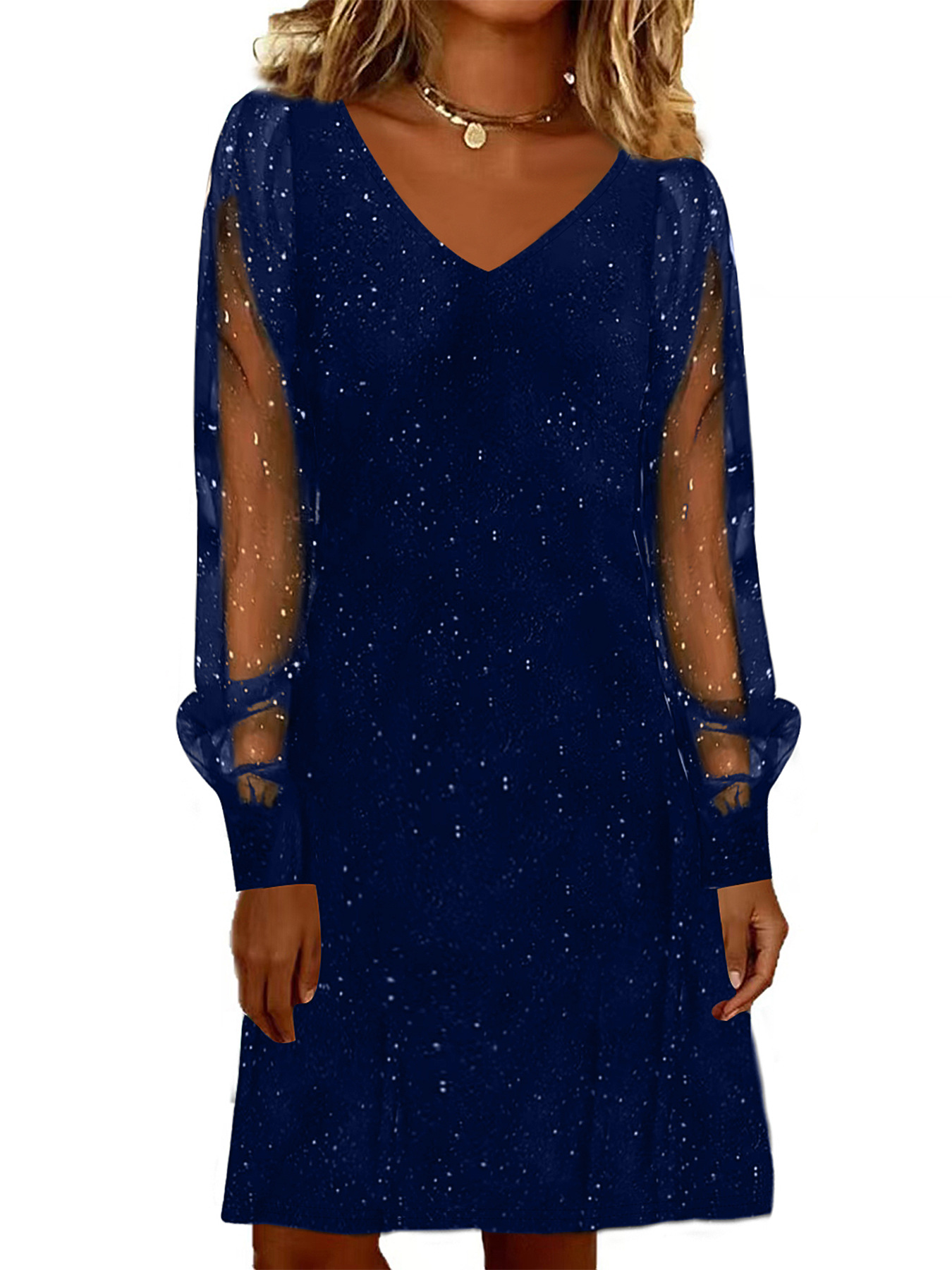 Starry Sky V-Neck Mesh Sleeve Midi Party Dress