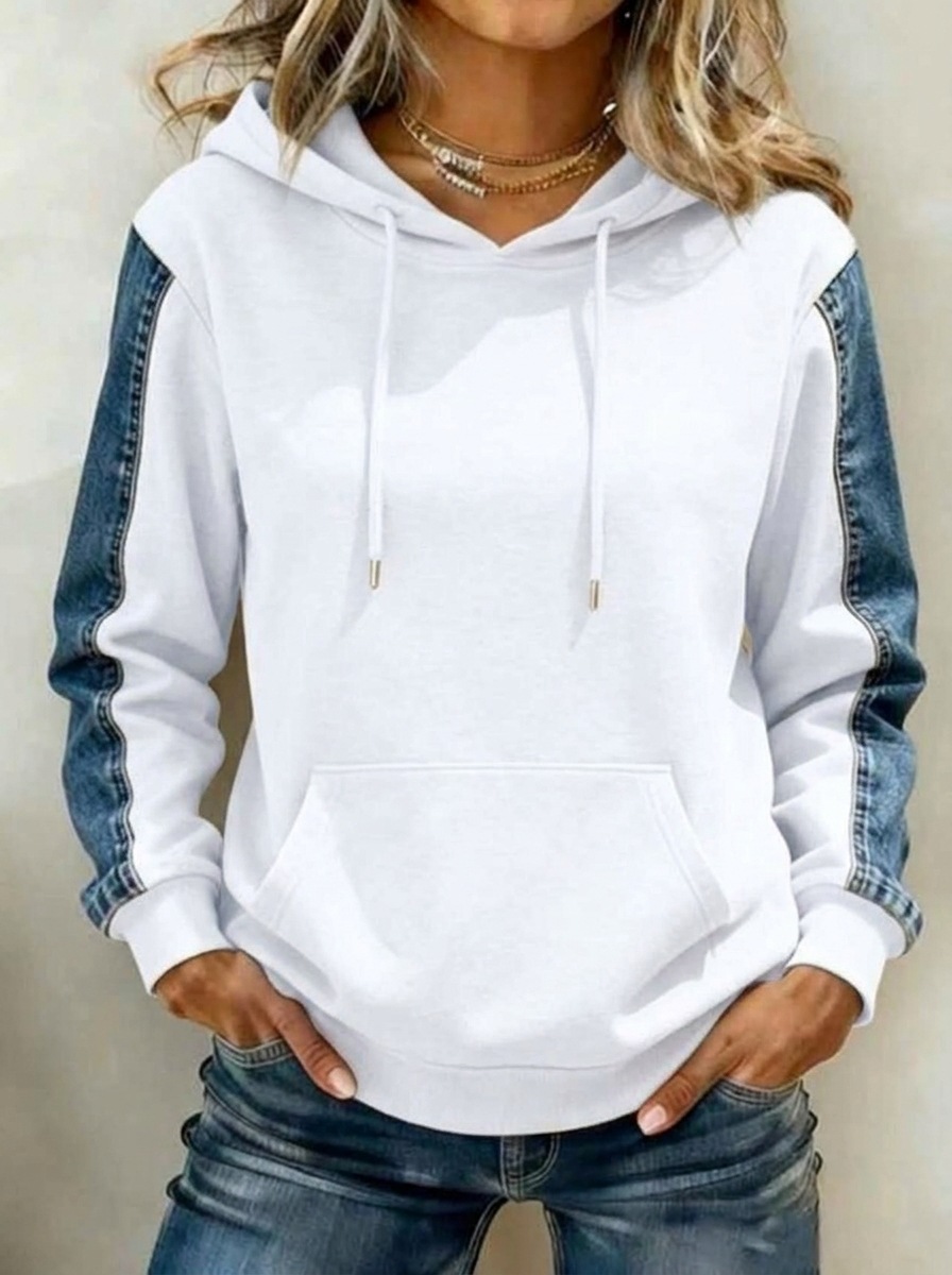 Women's Denim Print Patchwork Hooded Drawstring Sweatshirt